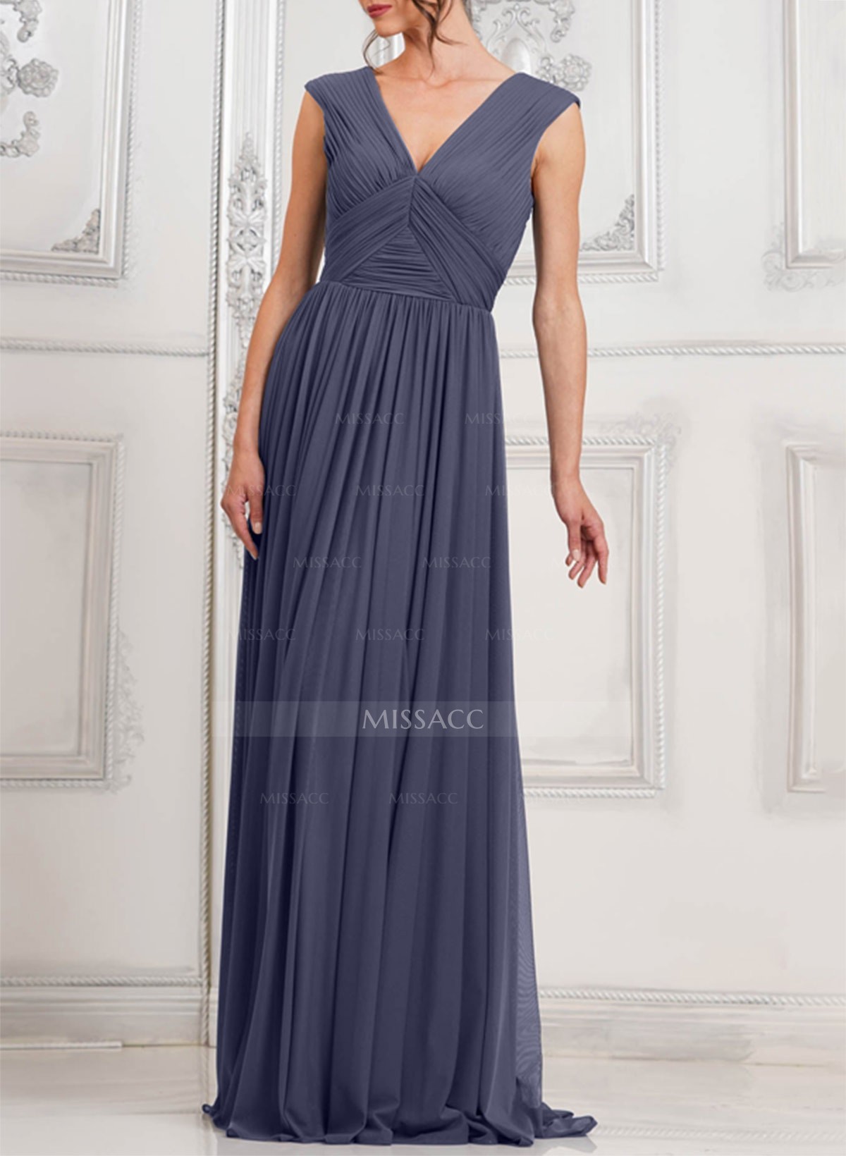 A-Line V-Neck Sleeveless Sweep Train Chiffon Mother Of The Bride Dresses