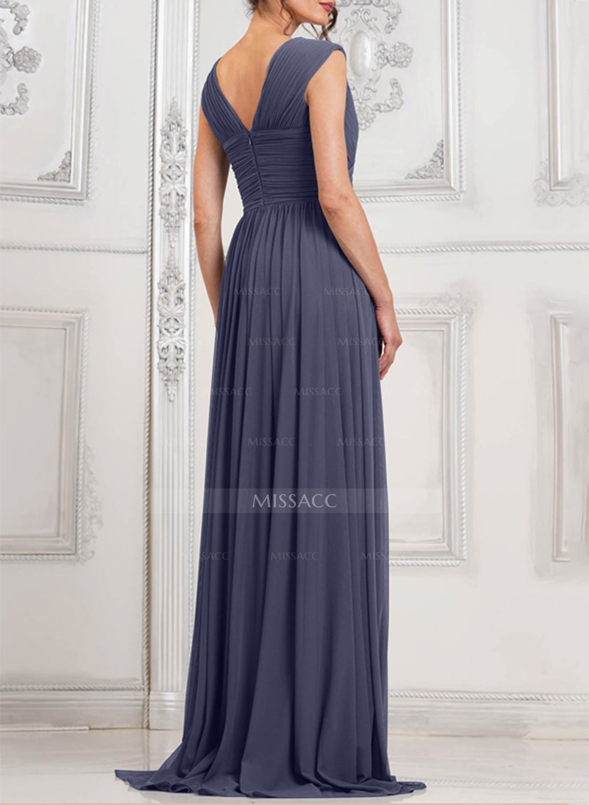 A-Line V-Neck Sleeveless Sweep Train Chiffon Mother Of The Bride Dresses