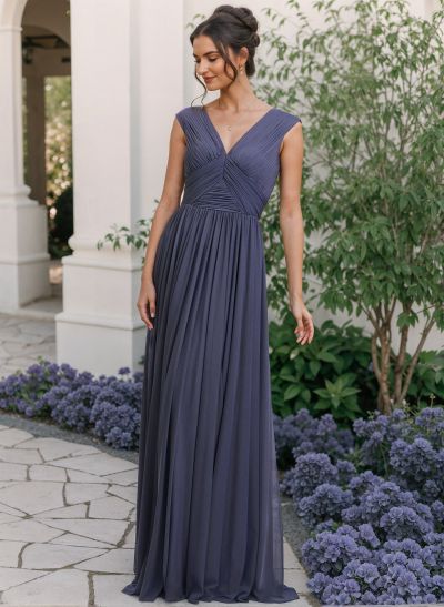 A-Line V-Neck Sleeveless Sweep Train Chiffon Mother Of The Bride Dresses