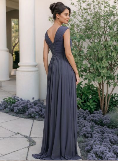 A-Line V-Neck Sleeveless Sweep Train Chiffon Mother Of The Bride Dresses