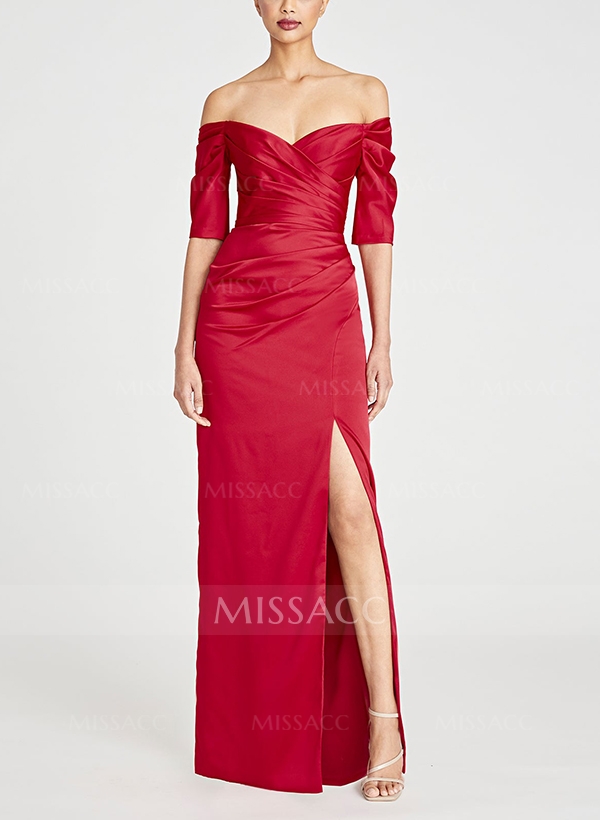 Column Off-The-Shoulder 1/2 Sleeves Satin Evening Dresses With Split Front