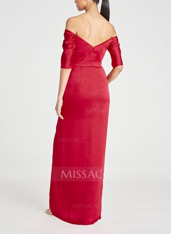 Column Off-The-Shoulder 1/2 Sleeves Satin Evening Dresses With Split Front