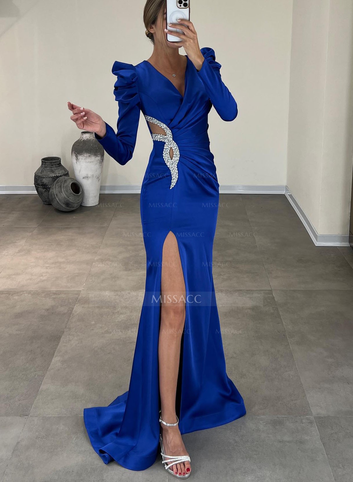 Trumpet/Mermaid V-Neck Long Sleeves Acetate Satin Mother Of The Bride Dresses With Beading