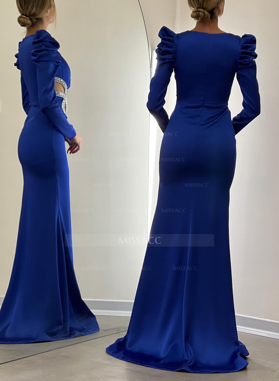 Trumpet/Mermaid V-Neck Long Sleeves Acetate Satin Mother Of The Bride Dresses With Beading