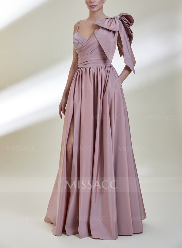 A-Line One-Shoulder Floor-Length Evening Dresses With Split Front/Bow(s)