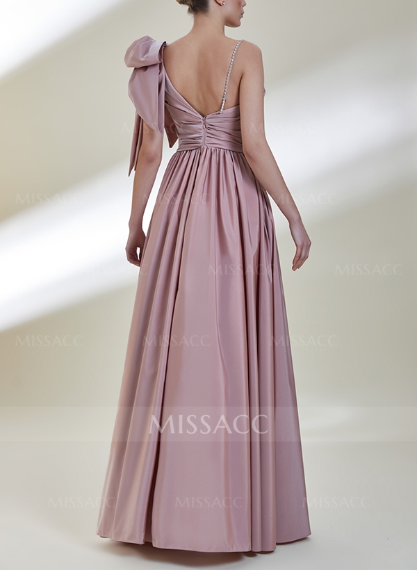 A-Line One-Shoulder Floor-Length Evening Dresses With Split Front/Bow(s)