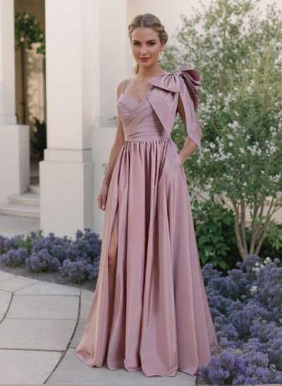 A-Line One-Shoulder Floor-Length Evening Dresses With Split Front/Bow(s)