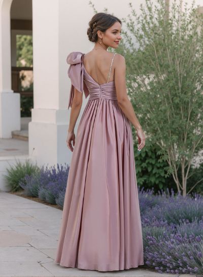 A-Line One-Shoulder Floor-Length Evening Dresses With Split Front/Bow(s)
