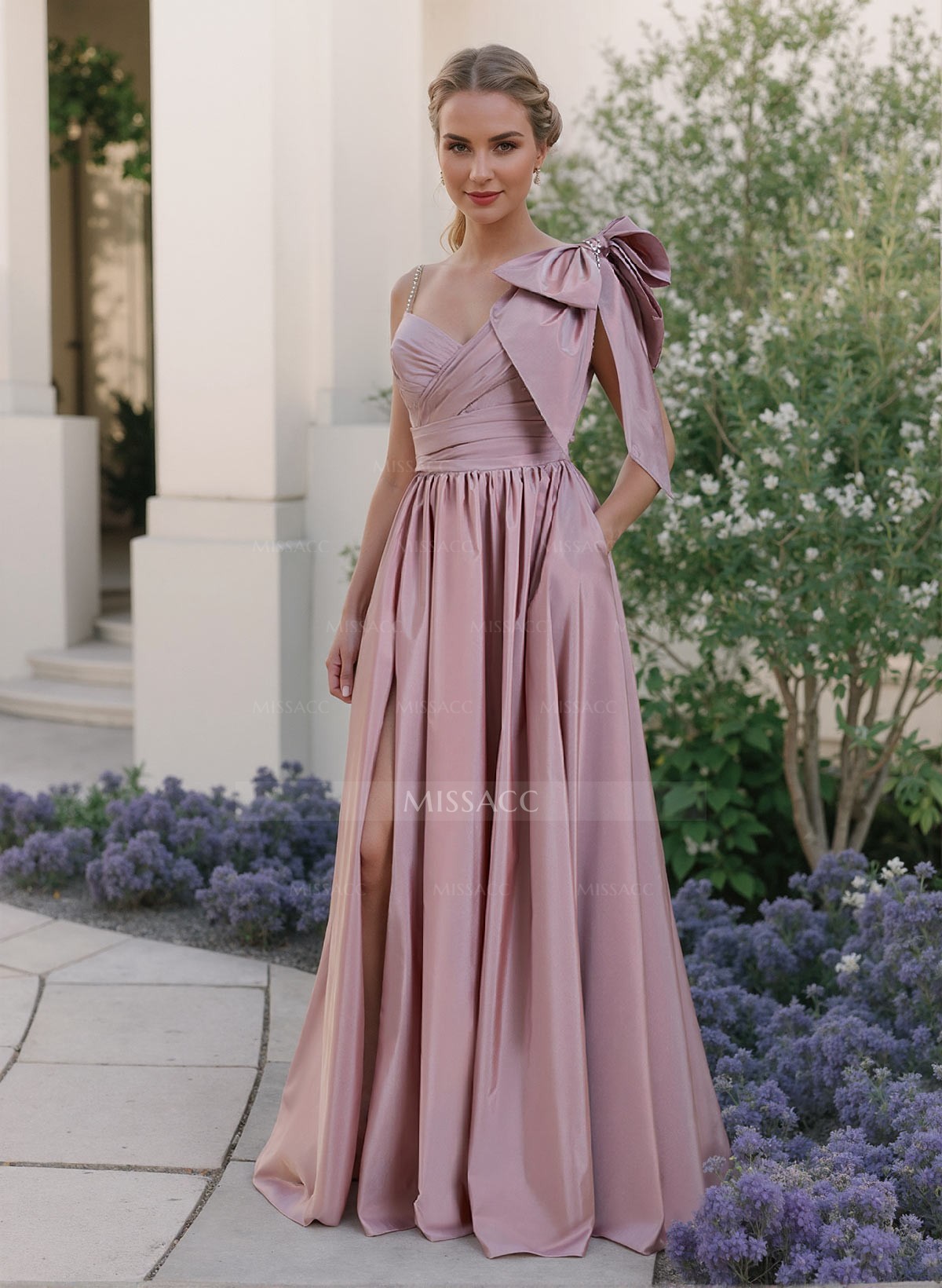 A-Line One-Shoulder Floor-Length Evening Dresses With Split Front/Bow(s)