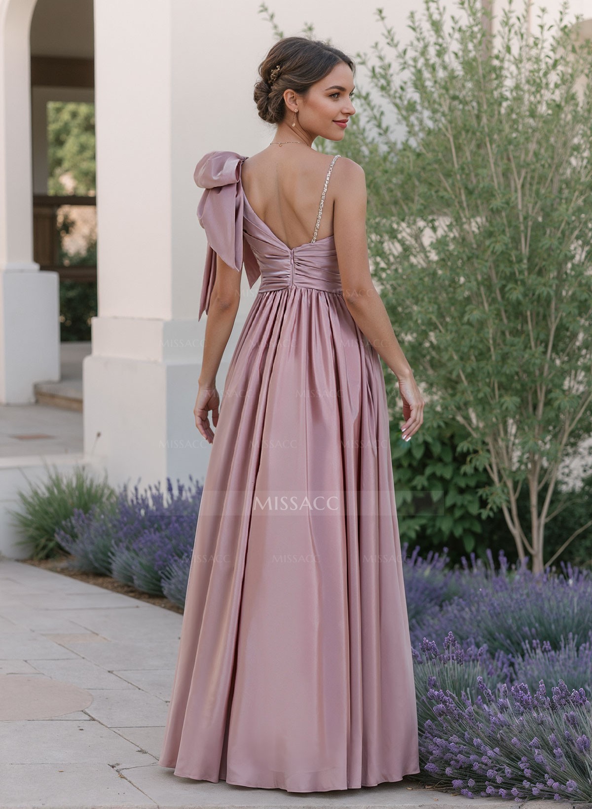 A-Line One-Shoulder Floor-Length Evening Dresses With Split Front/Bow(s)