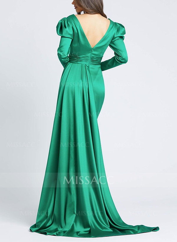 V-Neck Long Sleeves Sweep Train Evening Dresses With Split Front