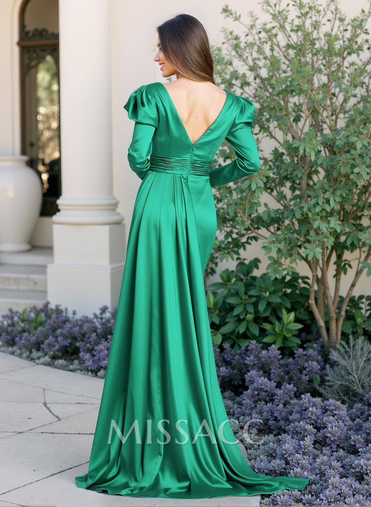 V-Neck Long Sleeves Sweep Train Evening Dresses With Split Front