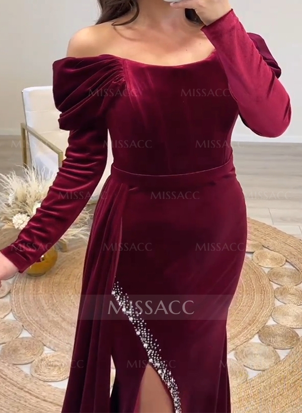 Sheath/Column Off-The-Shoulder Velvet Evening Dresses With Split Front