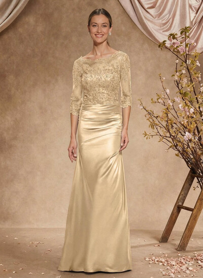 Sheath/Column Scoop Neck Silk Like Satin Mother Of The Bride Dresses With Lace