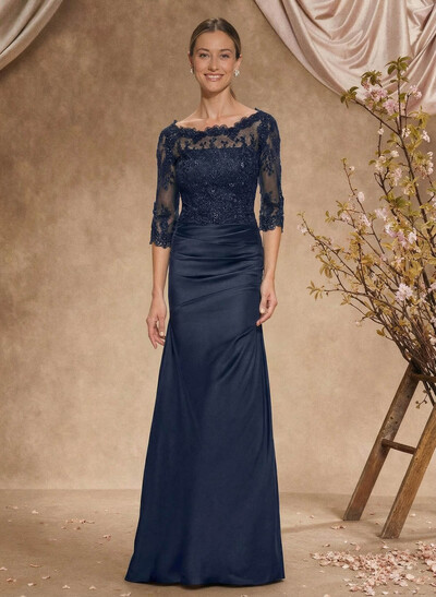 Sheath/Column Scoop Neck Silk Like Satin Mother Of The Bride Dresses With Lace