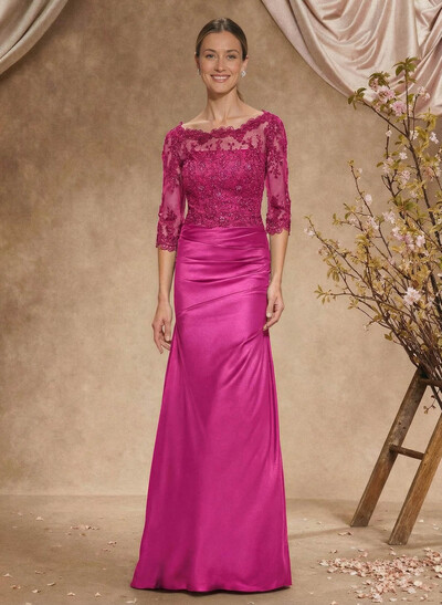 Sheath/Column Scoop Neck Silk Like Satin Mother Of The Bride Dresses With Lace