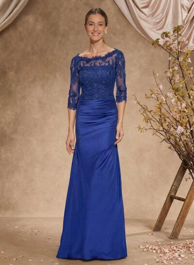 Sheath/Column Scoop Neck Silk Like Satin Mother Of The Bride Dresses With Lace