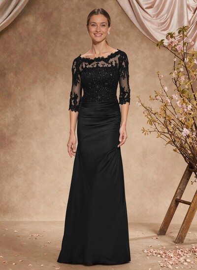 Sheath/Column Scoop Neck Silk Like Satin Mother Of The Bride Dresses With Lace