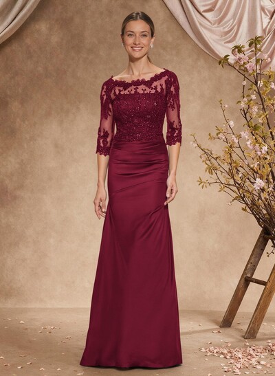 Sheath/Column Scoop Neck Silk Like Satin Mother Of The Bride Dresses With Lace