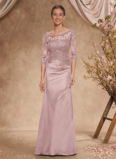 Sheath/Column Scoop Neck Silk Like Satin Mother Of The Bride Dresses With Lace