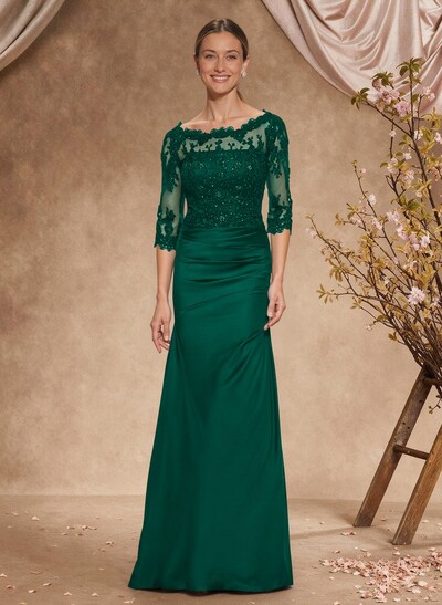 Sheath/Column Scoop Neck Silk Like Satin Mother Of The Bride Dresses With Lace