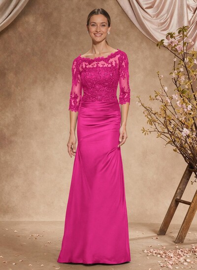 Sheath/Column Scoop Neck Silk Like Satin Mother Of The Bride Dresses With Lace