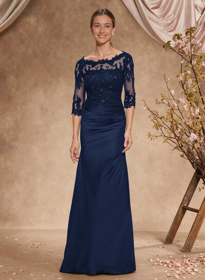 Sheath/Column Scoop Neck Silk Like Satin Mother Of The Bride Dresses With Lace