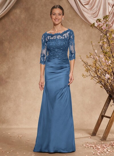 Sheath/Column Scoop Neck Silk Like Satin Mother Of The Bride Dresses With Lace