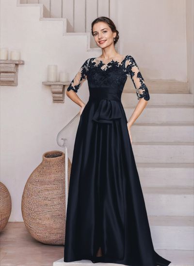 Sheath/Column Illusion Neck Satin/Lace Mother Of The Bride Dresses With Appliques Lace