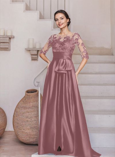 Sheath/Column Illusion Neck Satin/Lace Mother Of The Bride Dresses With Appliques Lace