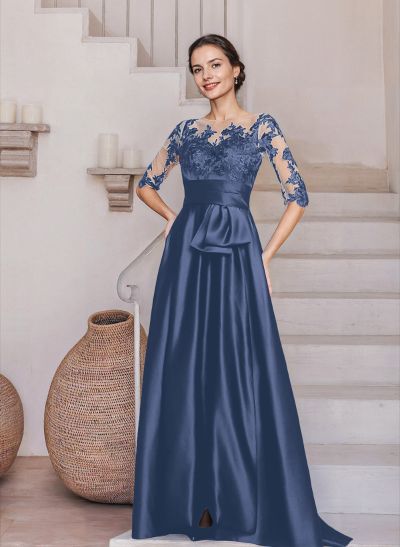 Sheath/Column Illusion Neck Satin/Lace Mother Of The Bride Dresses With Appliques Lace