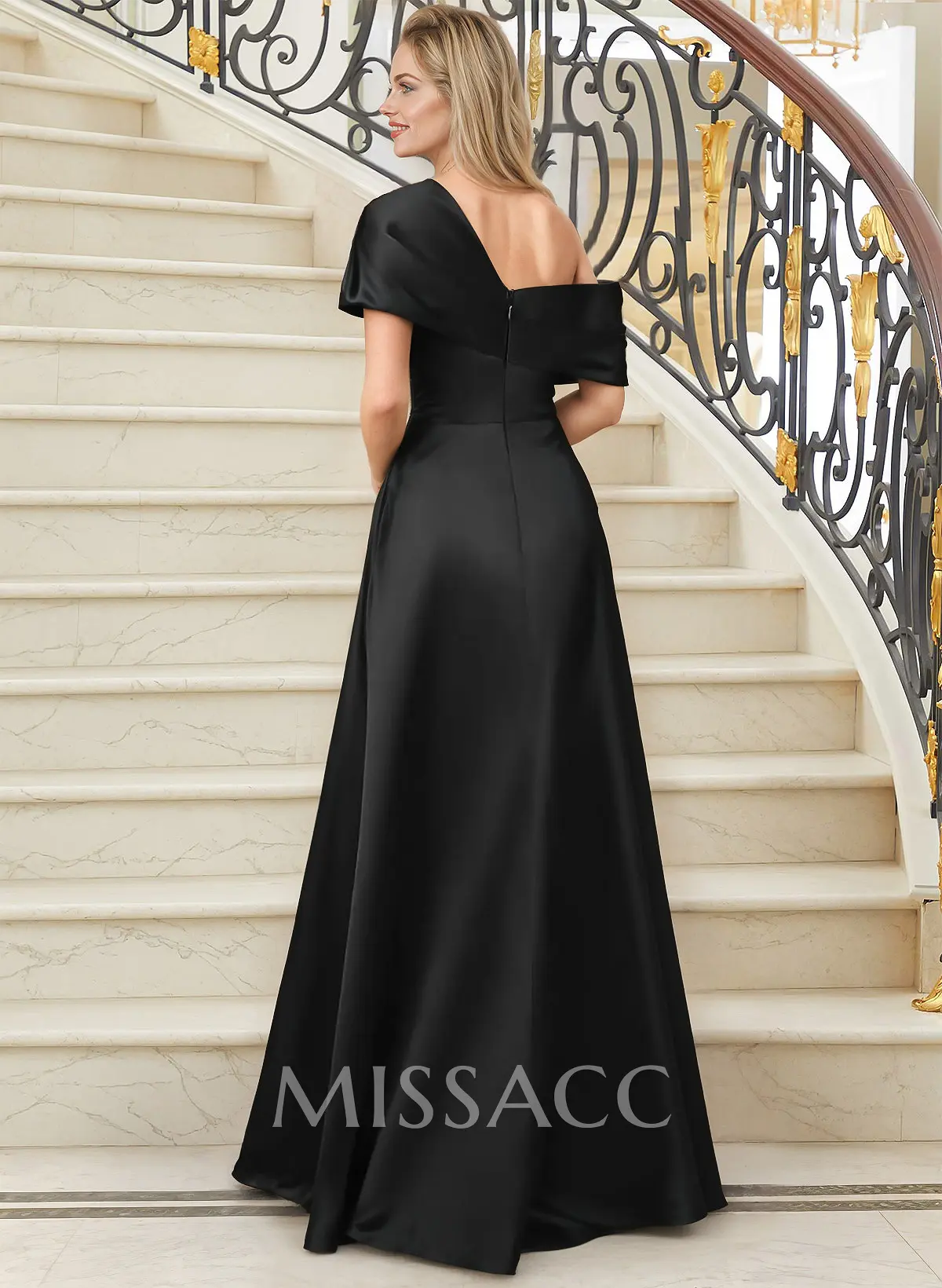 Missacc Dark Navy Mother Of The Bride Dresses A-Line One-Shoulder Satin Mother Of The Bride Dresses With High Split Missacc Dark Navy Mother Of The Bride Dresses A-Line One-Shoulder Satin Mother Of The Bride Dresses With High Split