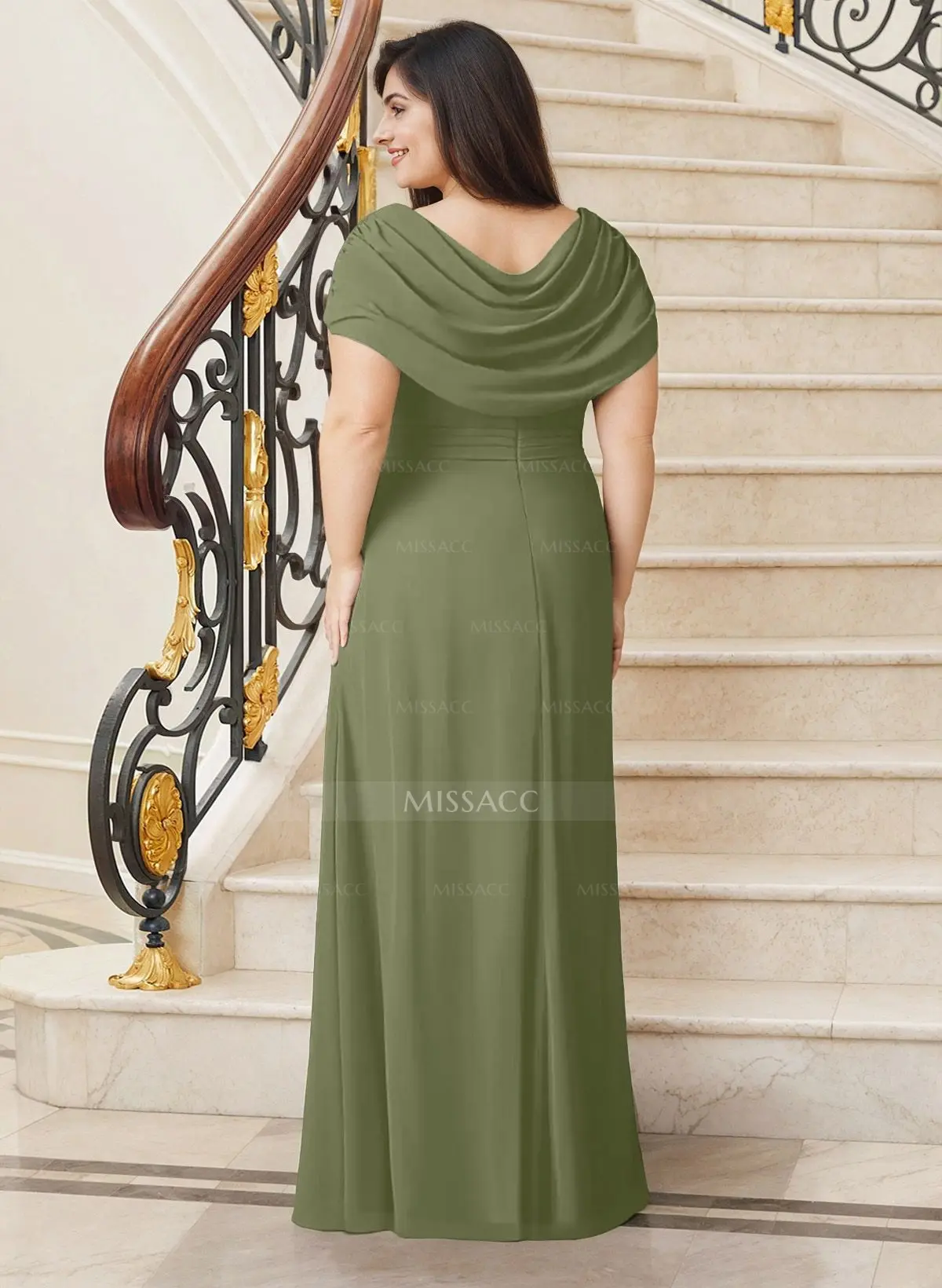Missacc Light Blue Mother of The Bride Dresses Sheath/Column Cowl Neck Chiffon Mother of The Bride Dresses with Split Front