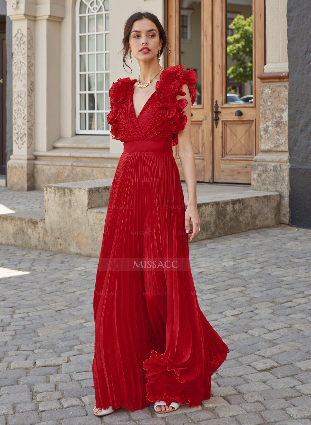 Sheath/Column V-Neck Sleeveless Chiffon Mother Of The Bride Dresses With Shoulder Ruffle