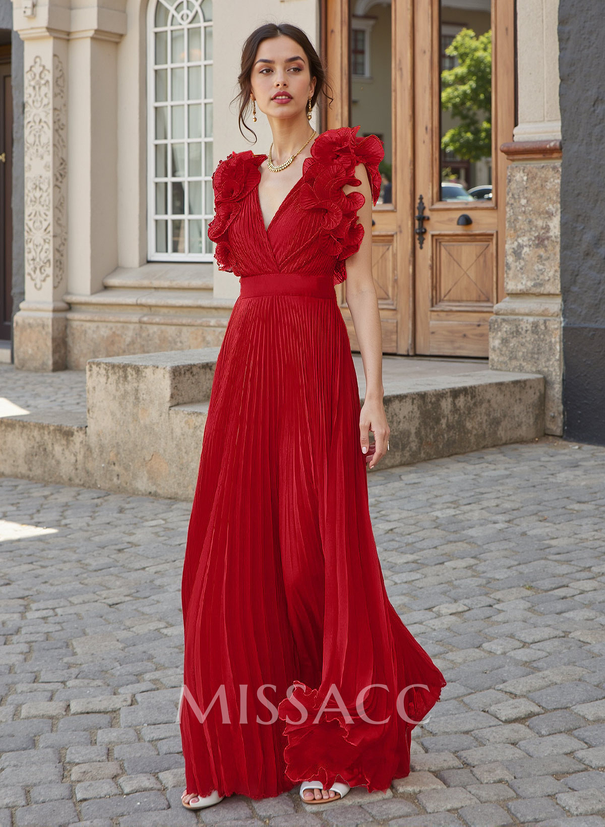 Sheath/Column V-Neck Sleeveless Chiffon Mother Of The Bride Dresses With Shoulder Ruffle/Pockets