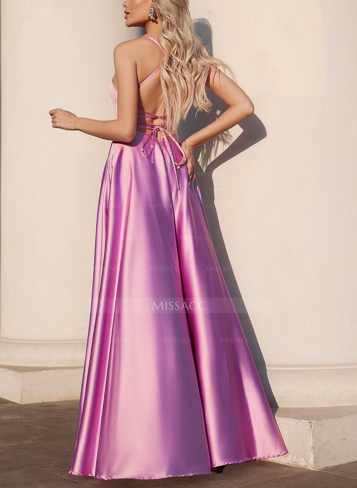 Open Back Spaghetti Straps A-Line Prom Dresses With Satin