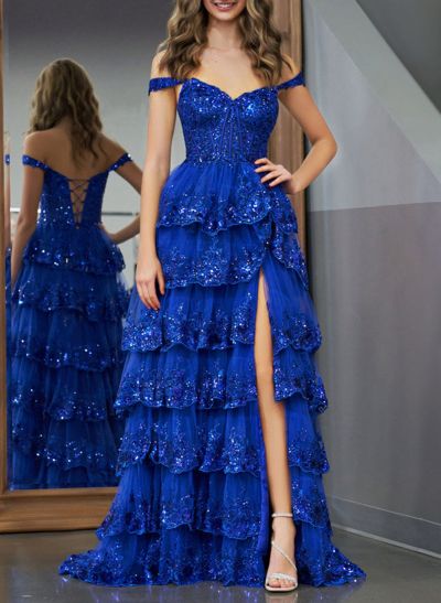 A-Line Off-The-Shoulder Sweep Train Tulle Prom Dresses With Sequins/High Split