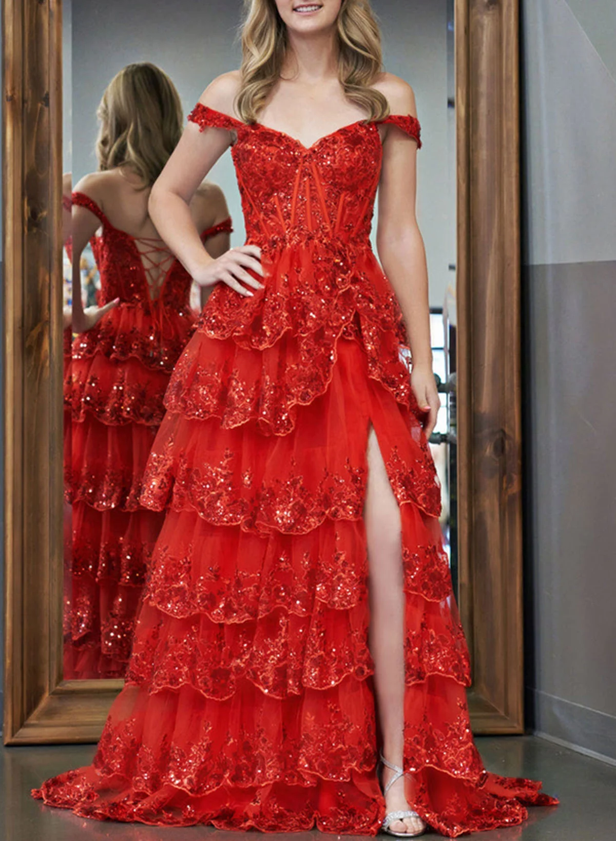 A-Line Off-The-Shoulder Sweep Train Tulle Prom Dresses With Sequins/High Split - Missacc A-Line Off-The-Shoulder Sweep Train Tulle Prom Dresses With Sequins/High Split - Missacc