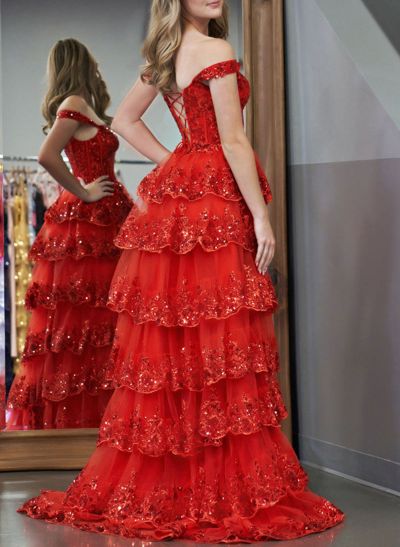 A-Line Off-The-Shoulder Sweep Train Tulle Prom Dresses With Sequins/High Split