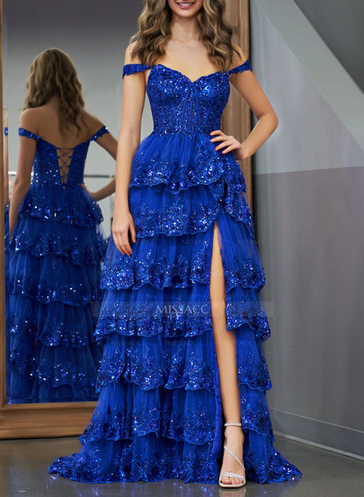 A-Line Off-The-Shoulder Sweep Train Tulle Prom Dresses With Sequins/High Split