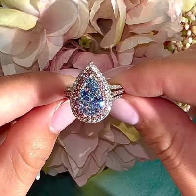 Attractive Double Halo Pear Cut Aquamarine Blue Engagement Ring