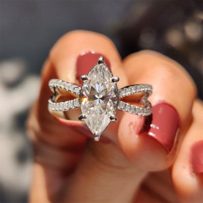 Marquise Cut Moissanite Split Shank Victorian Style Engagement Ring