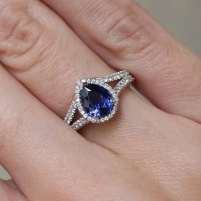 2CT Blue Pear Cut Halo Split Prefect Engagement And Promise Ring For Her