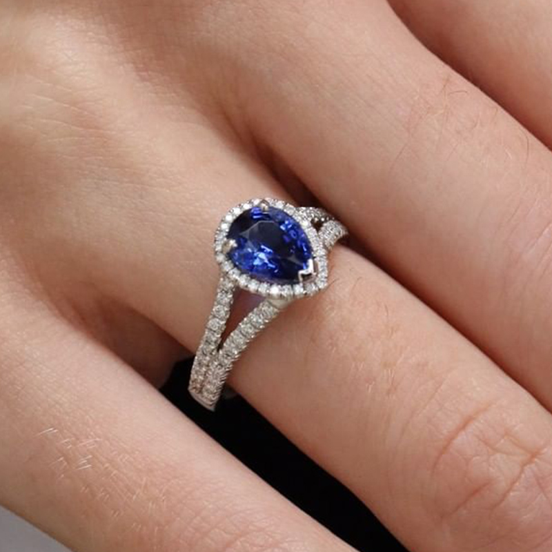 2CT Blue Pear Cut Halo Split Prefect Engagement And Promise Ring For Her