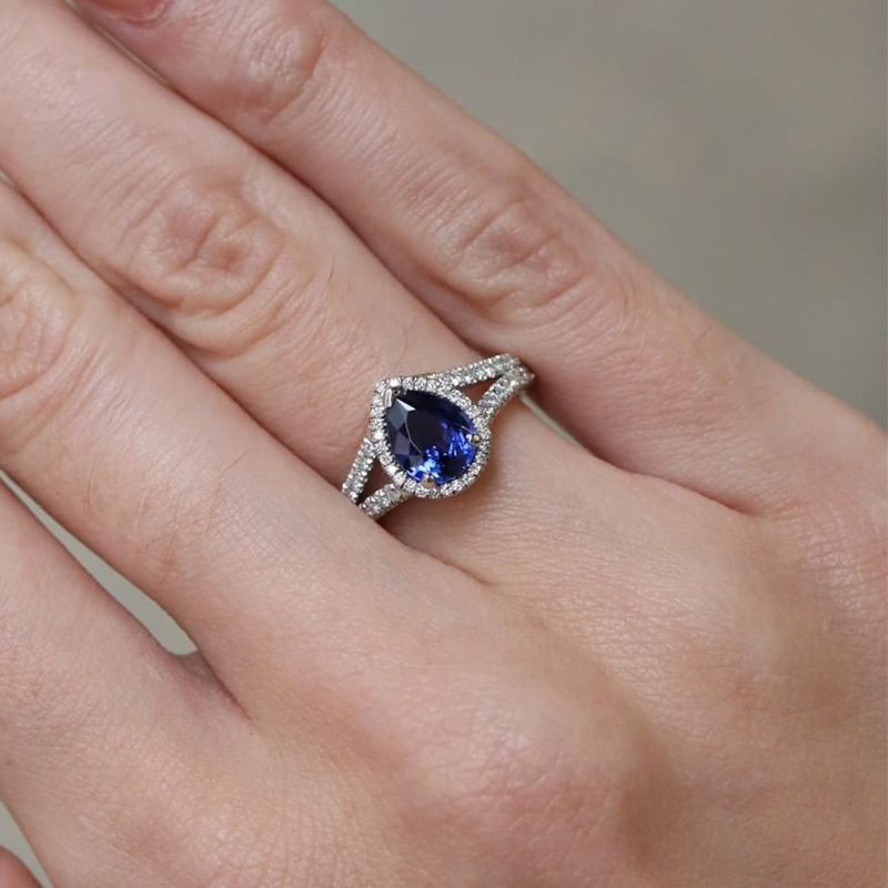 2CT Blue Pear Cut Halo Split Prefect Engagement And Promise Ring For Her