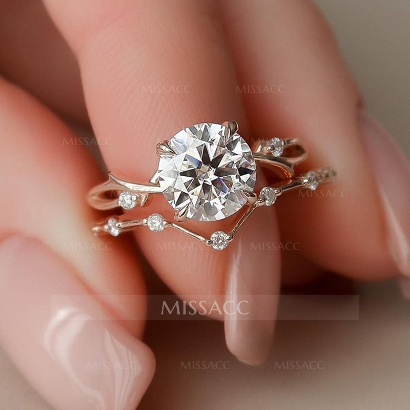 Dainty Twig Round Moissanite Engagement Ring Set For Her