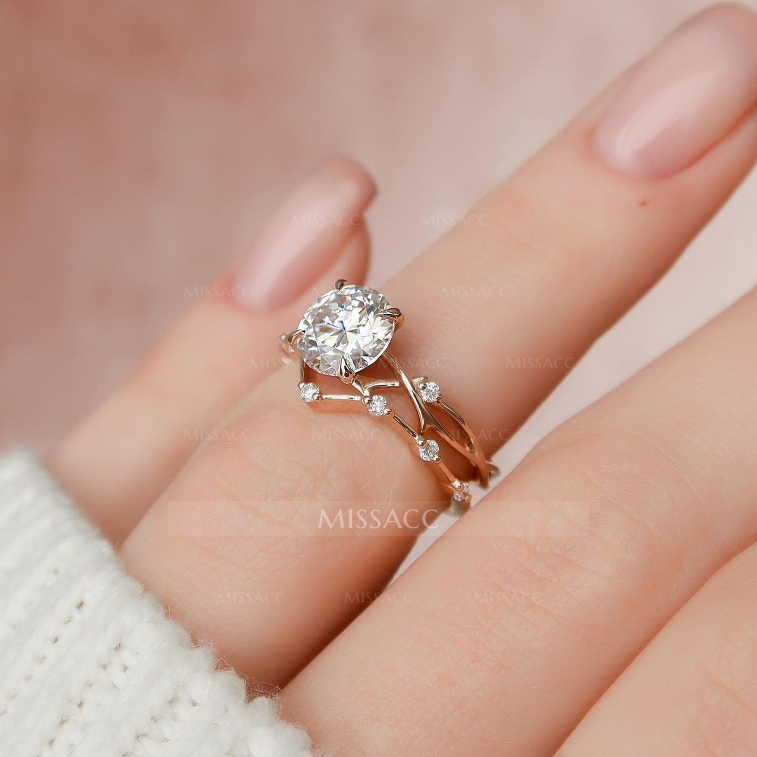 Dainty Twig Round Moissanite Engagement Ring Set For Her