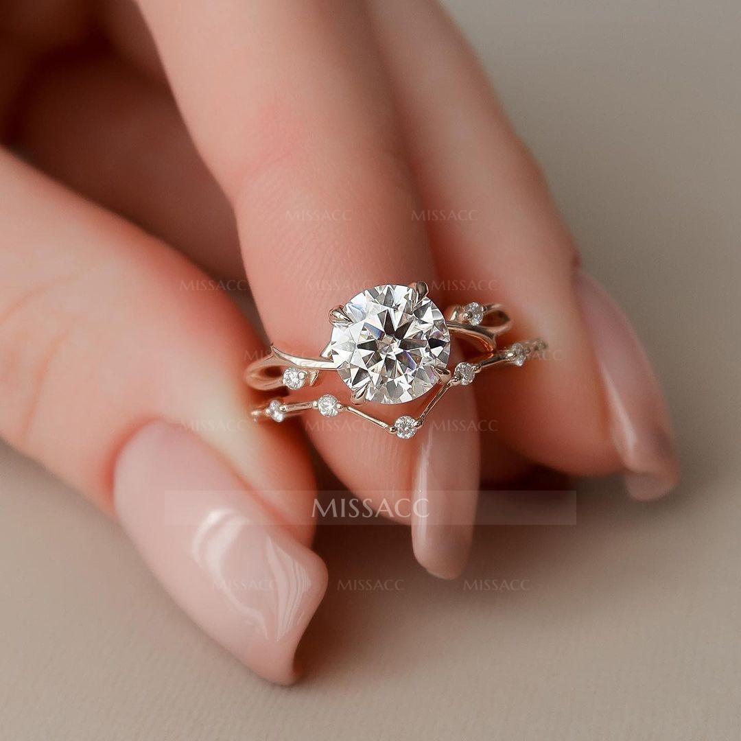 Dainty Twig Round Moissanite Engagement Ring Set For Her