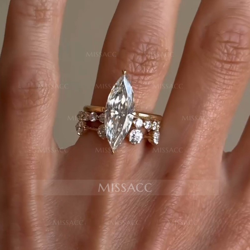 Marquise Cut Moissanite Split Shank Victorian Style Engagement Ring Sets