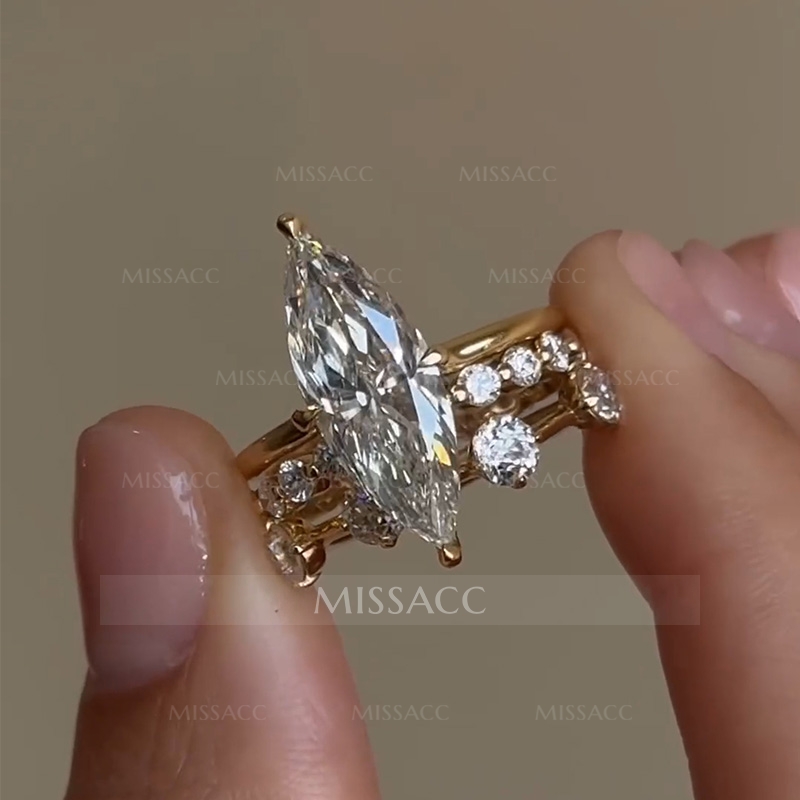 Marquise Cut Moissanite Split Shank Victorian Style Engagement Ring Sets